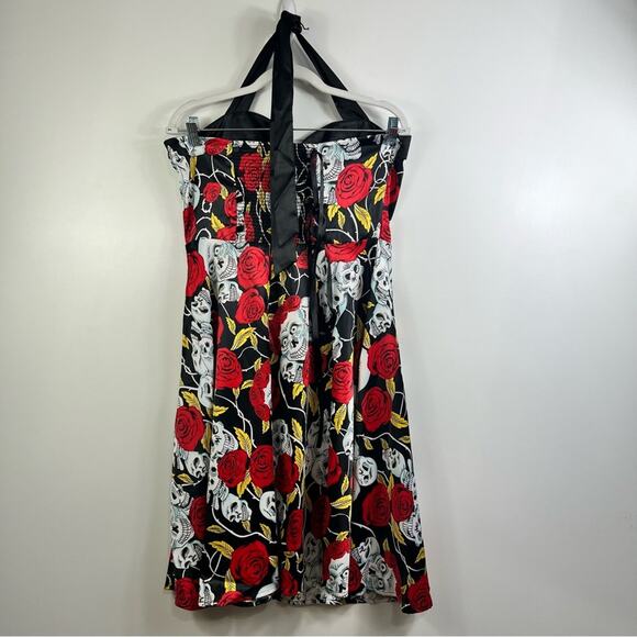 Dress Tells New Skull Roses Print Halter Tie Neck Fit & Flare Mini Dress Large - Picture 5 of 12